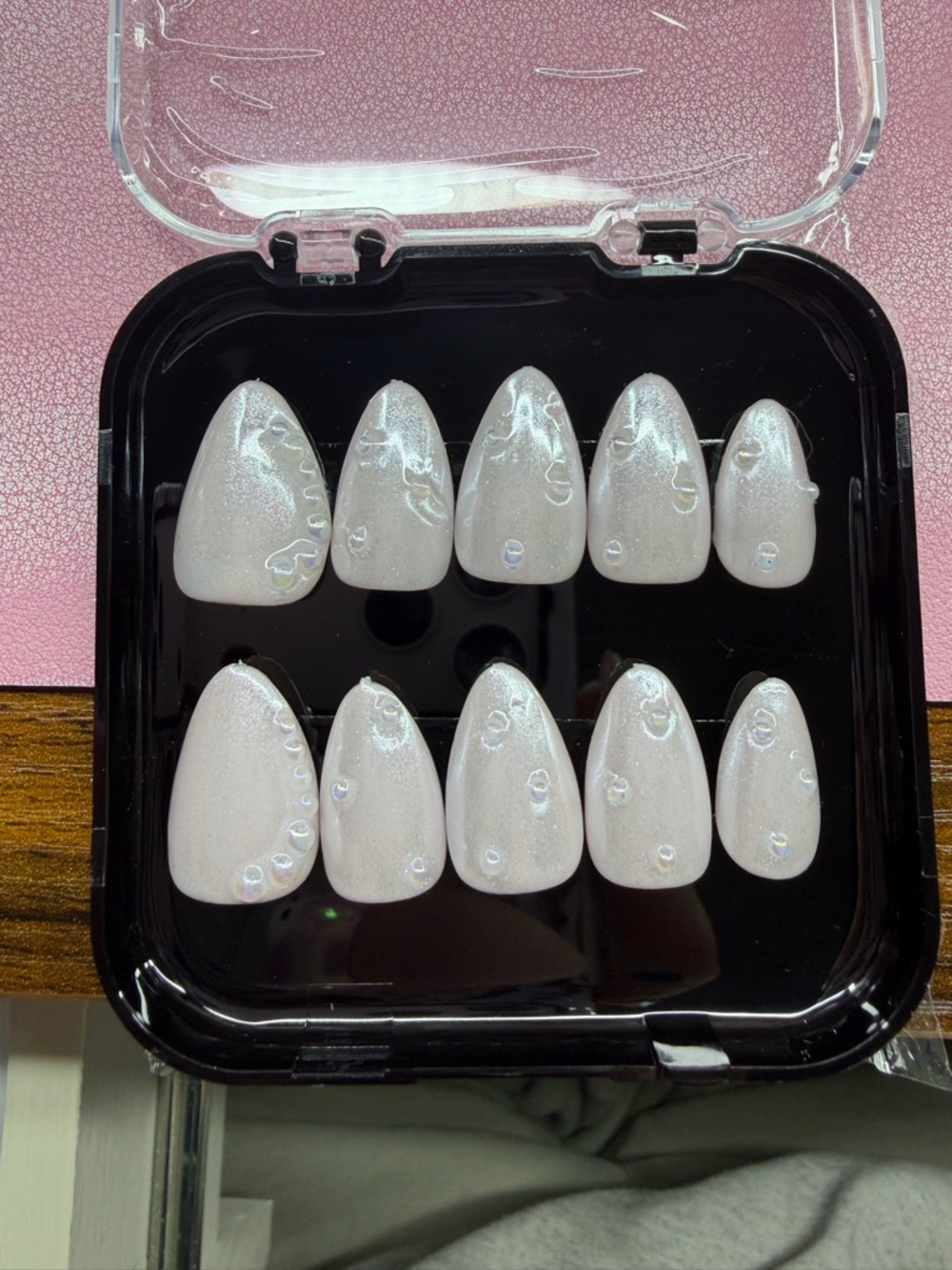 Pearlescent White Press-On Nails with Iridescent Dot Accents